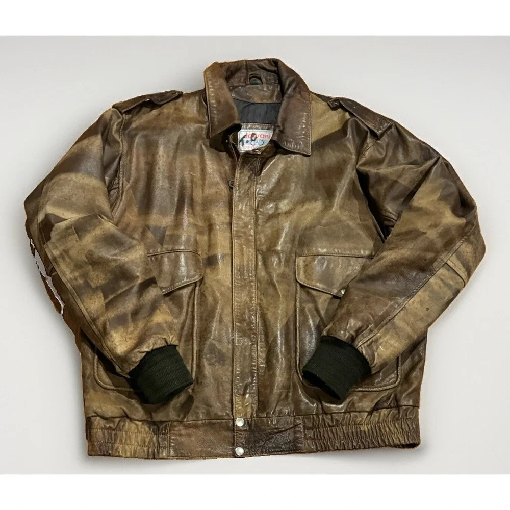 Vintage A2 Lamb Leather Bomber Jacket L Geometric Fade Indiana Jones Rare